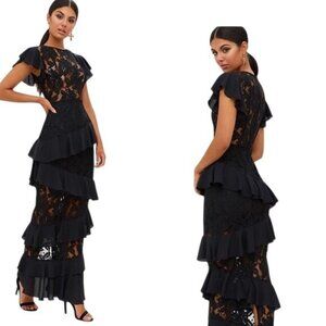 NWT PrettyLittleThing Long Black Lace Ruffle Detail Maxi Dress 6